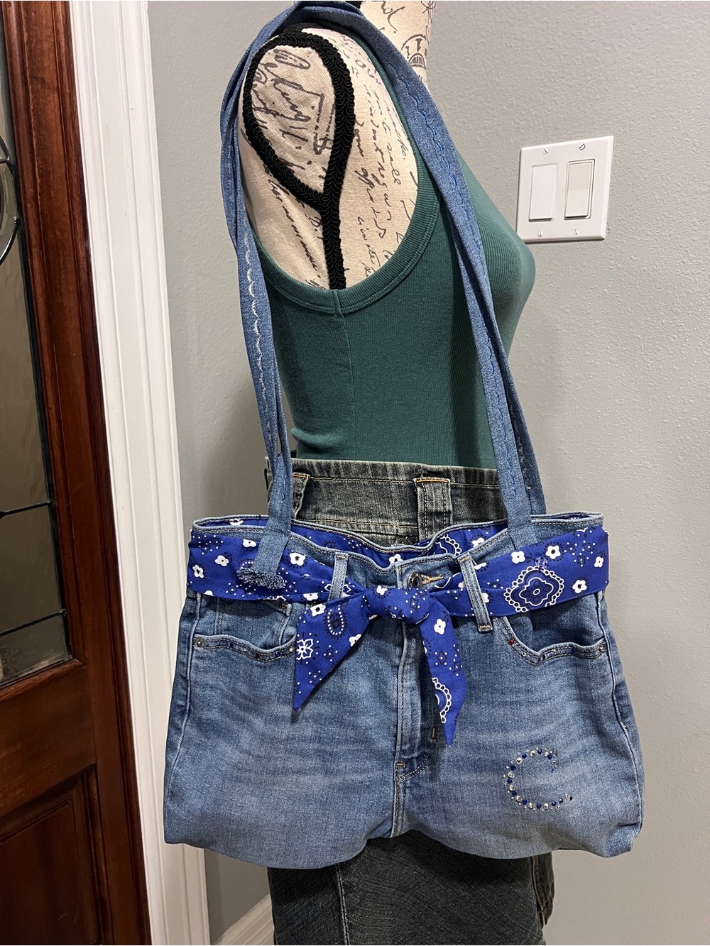 Levi's Upcycled Denim Tote Bag Blue Paisley Bandana Rhinestone Y2K Shoulder Bag
